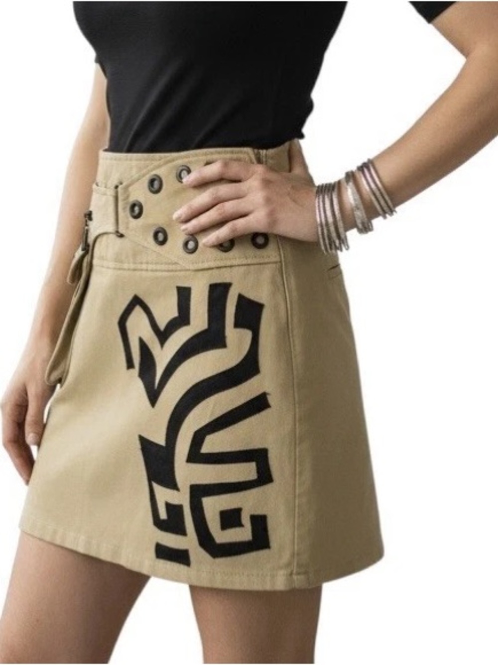 Jamie Sadock Adjustable Snap Geometric Tan Black Pocket Mini Skirt Sz XS-S Rare